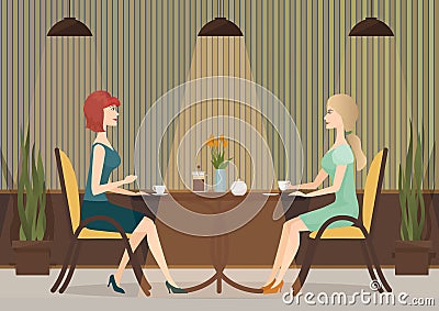 Two young women drinking coffee in the cafe restaurant. Lady girls lunch together. Vector Illustration