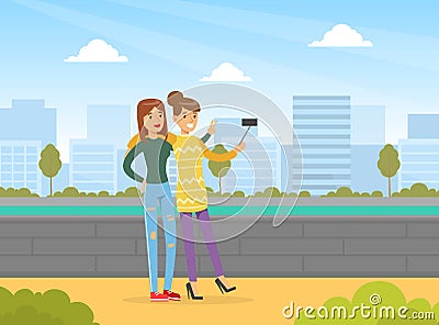 Two Young Women Making Selfie on City Street, Best Friends Forever Concept Cartoon Vector Illustration Vector Illustration