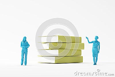 Two young women presenting pile of yellow books on white background Stock Photo