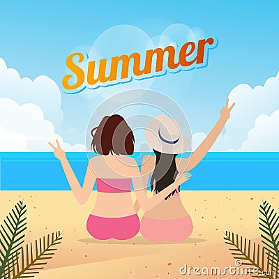 Two young women sitting together on a sandy beach travel lifestyle outdoor summer Vector Illustration