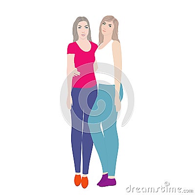 Two young women stand hugging. Lovely happy best friends girls hugging. Simple flat vector illustration. Vector Illustration