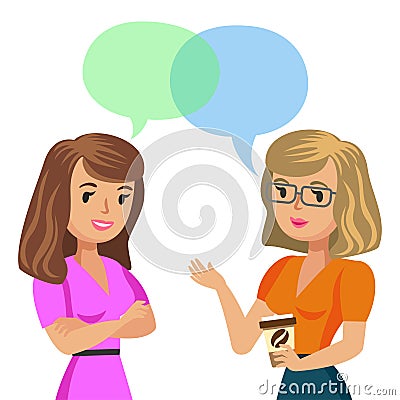 Two young women talking. Meeting colleagues or friends. Vector Vector Illustration