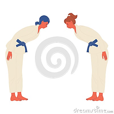 Two young women in white kimono greeting each other in bow before fight in judo or jiu jitsu combat. Cartoon smiling characters Stock Photo