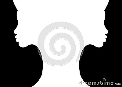 Two young women white silhouette faces making a vase shape optical negative space illusion. Beautiful girl double girl face Vector Illustration