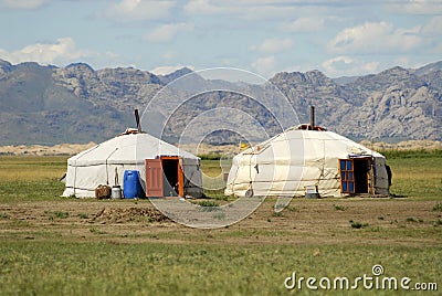 Two yurts in steppe, Mongolia Stock Photo