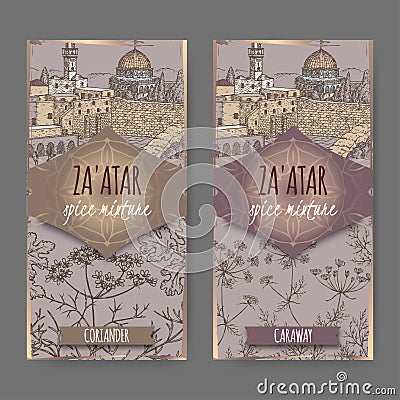 Two Zaatar labels with Jerusalem landscape, coriander and caraway sketch. Vector Illustration