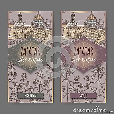Two Zaatar mixture labels with Jerusalem landscape, marjoram and savory. Vector Illustration