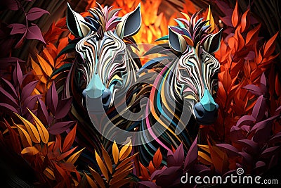 two zebras are standing in a forest with colorful leaves Stock Photo