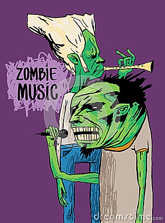 Two zombie musicians play on the trumpet and sing. A beautiful poster or drawing on a T-shirt. Vector Illustration