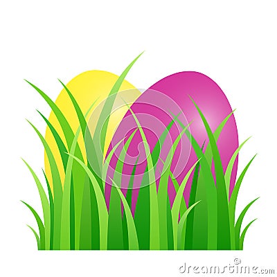 Easter eggs, colored Paschal eggs, hidden in green grass, symbol for an egg hunt Vector Illustration