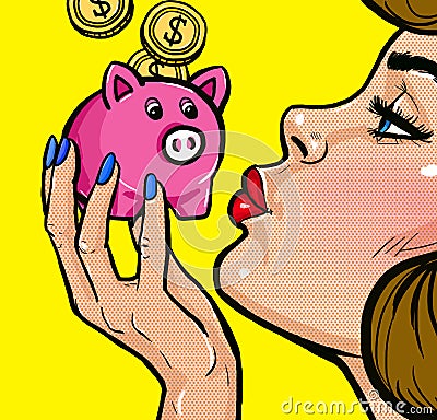 TWoman kissing a piggy bank in Pop Art style.Vintage pop art poster.Woman with money Stock Photo
