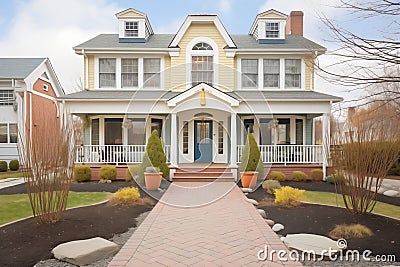 twostory colonial with flagstone pathway and balanced windows Stock Photo