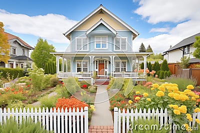 twostory colonial with flowering garden in the front Stock Photo