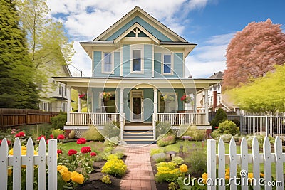 twostory colonial with flowering garden in the front Stock Photo