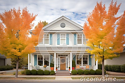 twostory colonial with shutters, framed by autumn trees Stock Photo