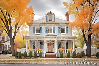 twostory colonial with shutters, framed by autumn trees Stock Photo