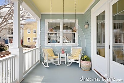 twostory colonials front porch framed by window balance Stock Photo