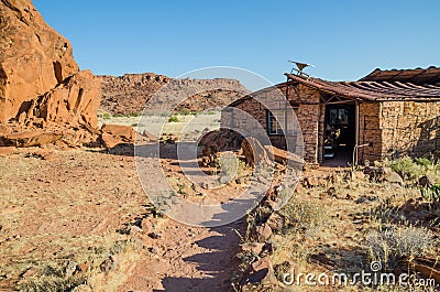 Twyfelfontein, Namibia - June 017 2014: Visitor`s center built out of rocks at Twyfelfontein rock engravings Editorial Stock Photo