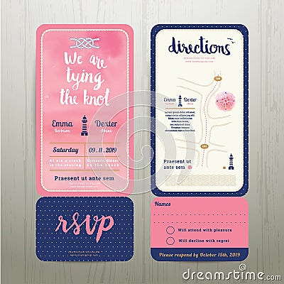 Tying the knot water colour wedding card template set Vector Illustration