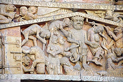 Tympanum carvings of the Last Judgment Stock Photo