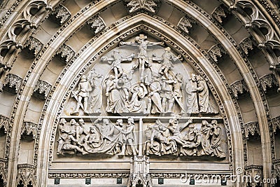 Tympanum of a door of Saint Vitus cathedral in Prague Stock Photo