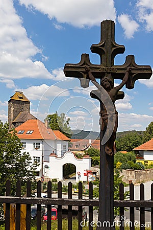 Rotunda and castle from 1200, Tynec nad Sazavou town, Central Bohemian region, Czech republic Stock Photo