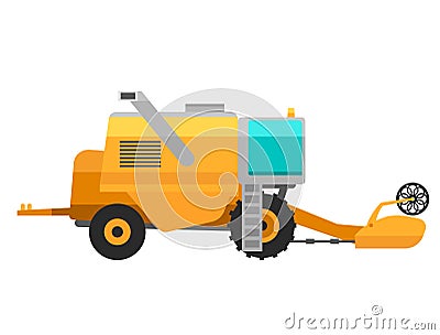 Type of agricultural yellow vehicle or harvester machine combine and icon with accessories for plowing mowing, planting Vector Illustration