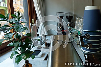 Type of cafe with coffee machine and coffee grinder Stock Photo