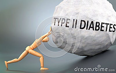 Type ii diabetes and painful human condition, pictured as a wooden human figure pushing heavy weight to show how hard it can be to Cartoon Illustration