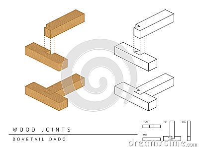 Type of wood joint set Dovetail Dado style, perspective 3d with top front side and back view isolated on white Vector Illustration