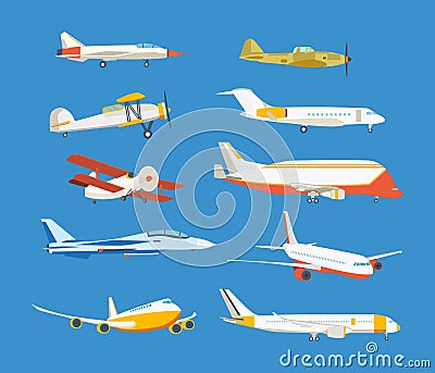 Types of airplane: passenger, civil, airbus, military, biplane, airplane high-rise. Vector Illustration