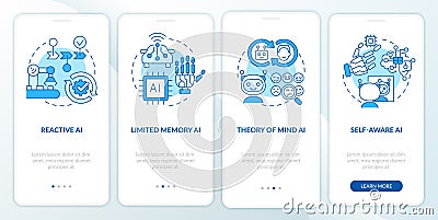 Types of artificial intelligence blue onboarding mobile app screen Vector Illustration