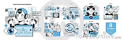 Types of artificial neural network applications set. Self-learning computing Vector Illustration