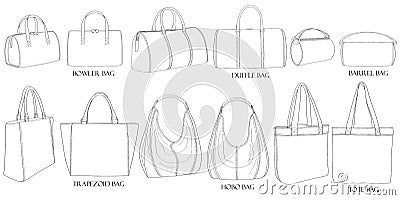 Types of bags. Bowling, hobo, trapezoid, duffle, barrel, tote. Stock Photo