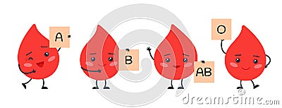 Types of blood. Happy bloods characters, red drops with banners. Medical bleeding elements, isolated cute healthy Vector Illustration