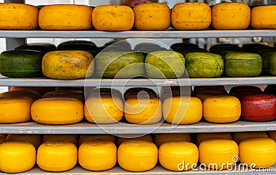types of cheese in a wooden shelf Stock Photo