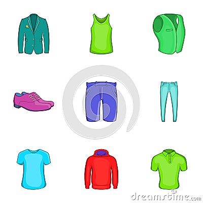 Types of clothes icons set, cartoon style Vector Illustration