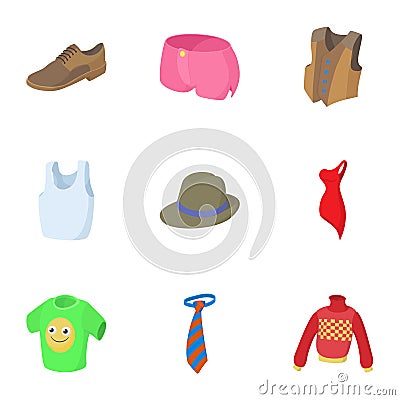 Types of clothes icons set, cartoon style Vector Illustration