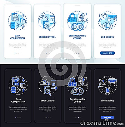 Types of coding night and day mode onboarding mobile app screen Vector Illustration