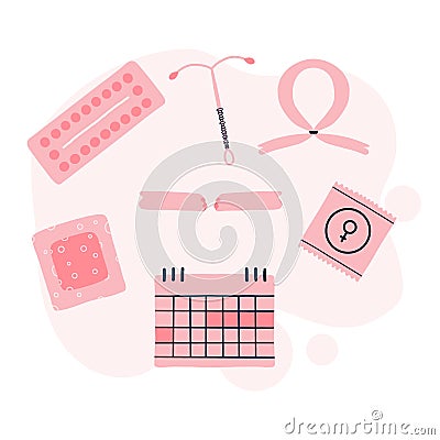 Types of contraception. Female contraceptives. Vector Illustration