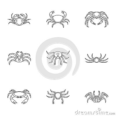 Types of crab icons set, outline style Vector Illustration