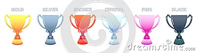 Types of cups and prizes gold, silver, bronze, crystal, pink, black cup on isolated background Stock Photo