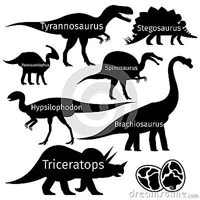 Types of dinosaurus vector silhouettes isolated on white background Vector Illustration