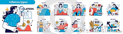 Types of financial inflation set. Price increases and the value of money Vector Illustration