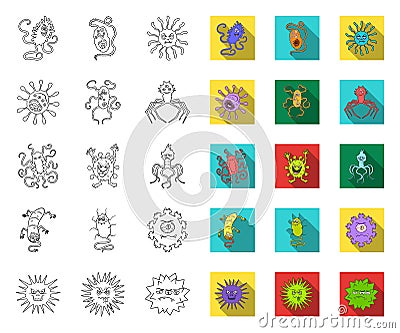 Types of funny microbes outline,flat icons in set collection for design. Microbes pathogenic vector symbol stock web Vector Illustration