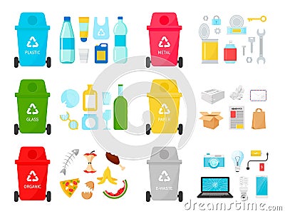Types of garbage recycling ecological vector illustration. Vector Illustration
