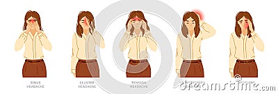 Types of headaches. Cluster, sinus, tension and stress, hypertension, chronic migraine, allergy. Set of women suffering Vector Illustration