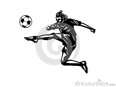 Soccer player silhouette stricking a goal jumping high in the air. Vector Illustration