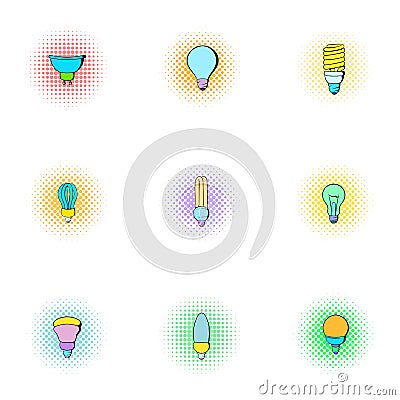 Types of lamps icons set, pop-art style Vector Illustration