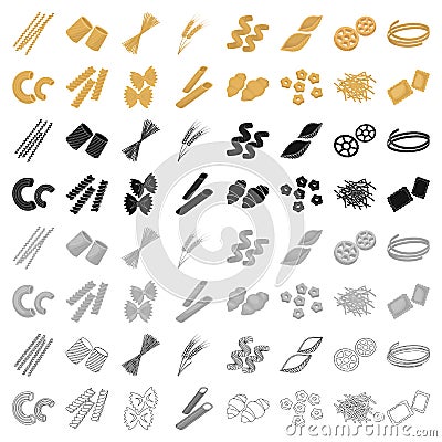 Types of pasta set icons in cartoon style. Big collection of types of pasta vector symbol stock illustration Vector Illustration